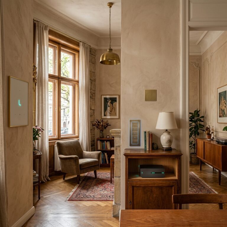 Eine stilvolle Altbauwohnung‑Innenansicht, in der Loxone‑Smart‑Home‑Geräte dezent in den historischen Wohnraum integriert sind: ein kleiner Miniserver, kaum sichtbare Präsenz‑ und Temperatursensoren sowie elegante Wand‑Schalter mit leichtem Blau‑Teal‑Leuchten, die sich harmonisch in Holz‑ und Stein‑Elemente einfügen.